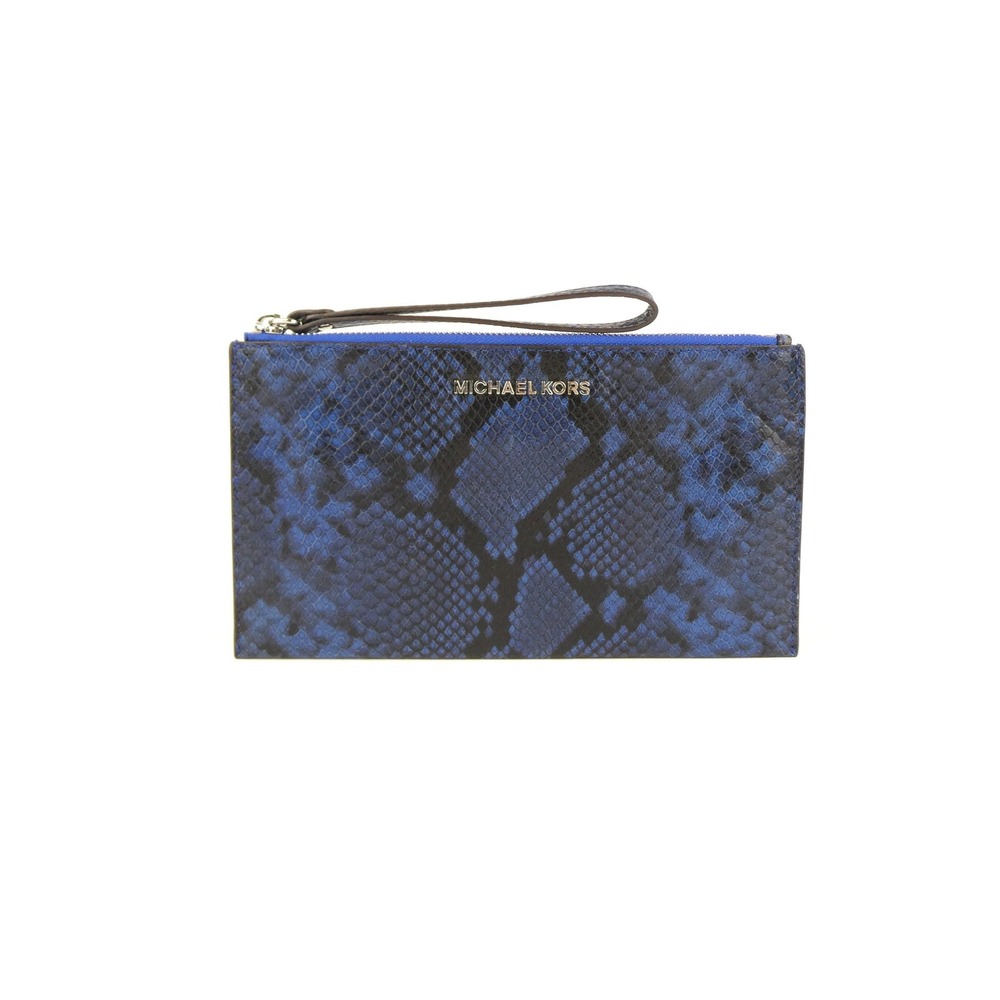 Michael Kors Fulton Snake Embossed Blue Black Large Leather Wristlet